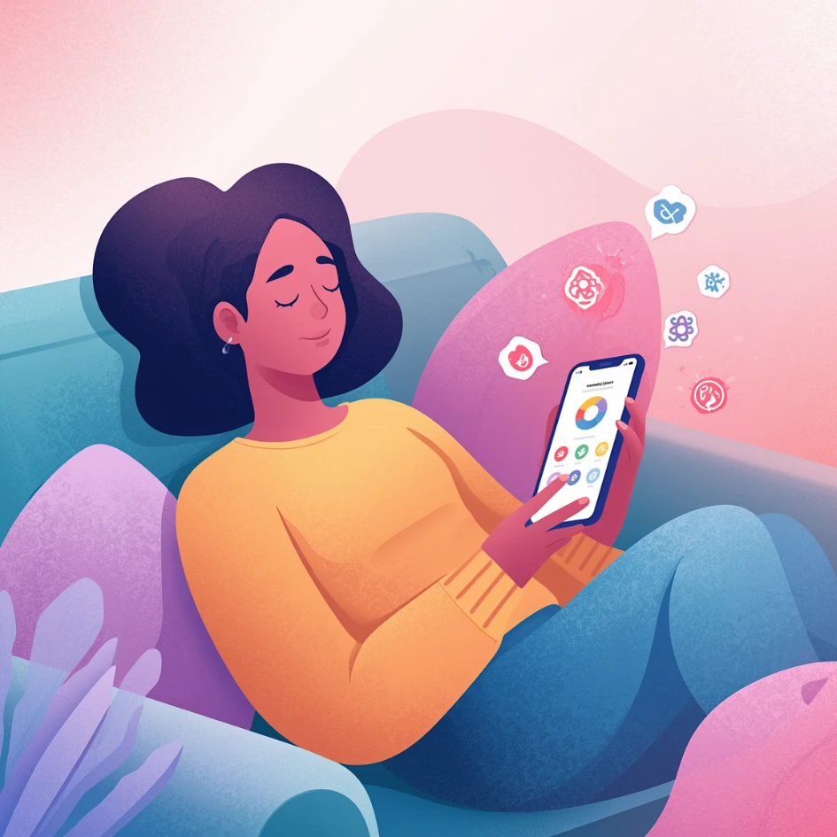 A person relaxing on a sofa, calmly using My Fyrst on their phone